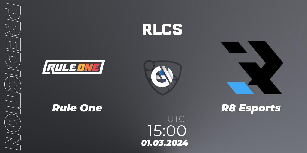 Rule One contre R8 Esports : prédiction de match. 01.03.2024 at 15:00. Rocket League, RLCS 2024 - Major 1: MENA Open Qualifier 3