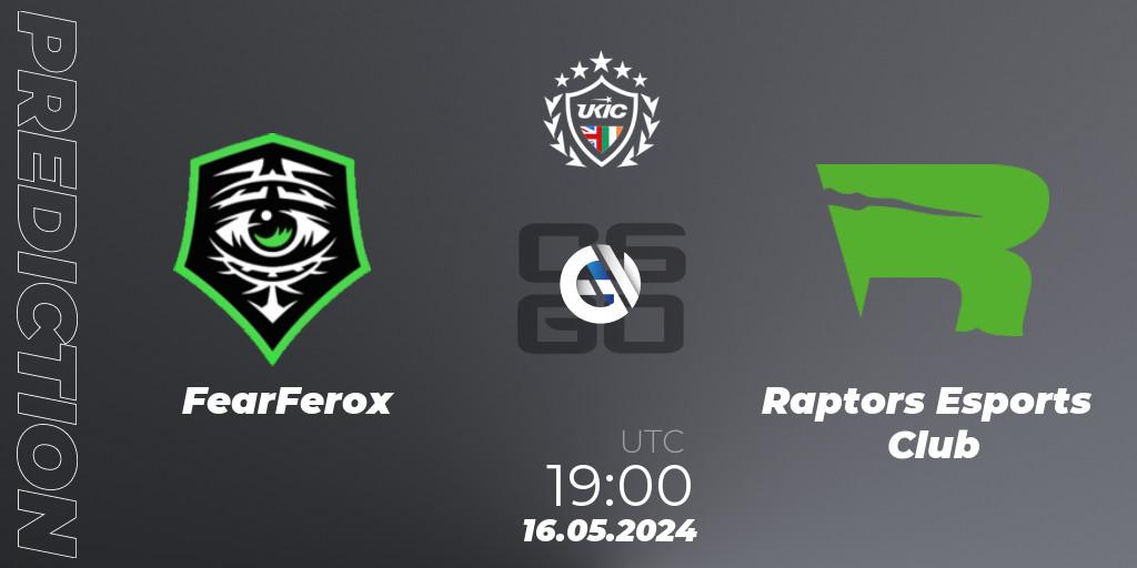 FearFerox contre Raptors Esports Club : prédiction de match. 16.05.2024 at 19:00. Counter-Strike (CS2), UKIC League Season 2: Division 1