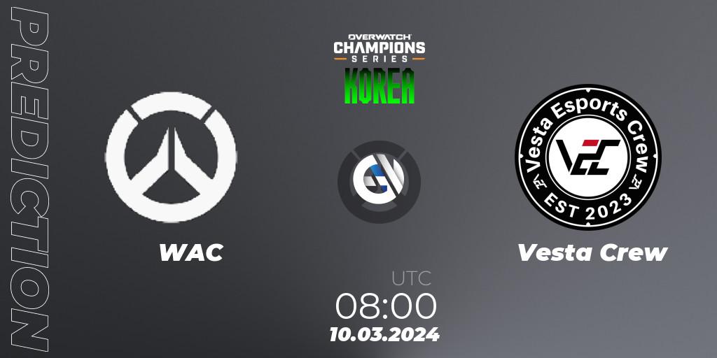WAC contre Vesta Crew : prédiction de match. 10.03.2024 at 08:00. Overwatch, Overwatch Champions Series 2024 - Stage 1 Korea