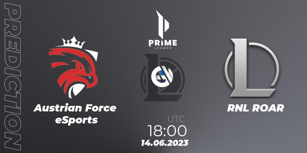 Austrian Force eSports contre RNL ROAR : prédiction de match. 14.06.2023 at 18:00. LoL, Prime League 2nd Division Summer 2023