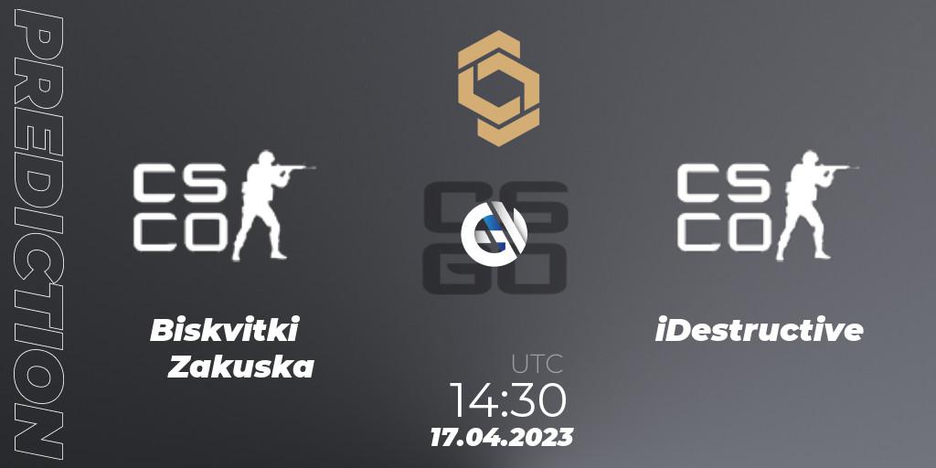 Biskvitki Zakuska contre iDestructive : prédiction de match. 17.04.2023 at 14:30. Counter-Strike (CS2), CCT South Europe Series #4: Closed Qualifier