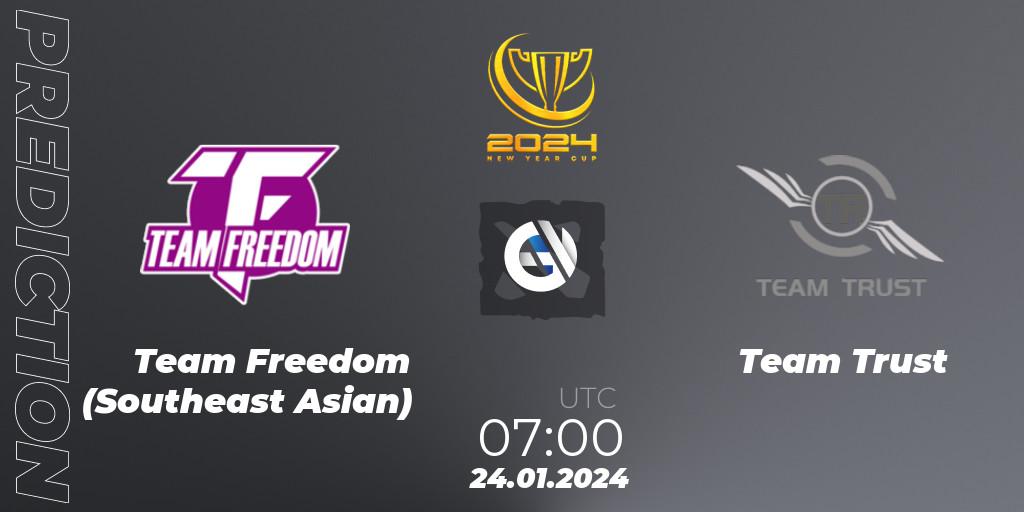Team Freedom (Southeast Asian) contre Team Trust : prédiction de match. 24.01.2024 at 07:02. Dota 2, New Year Cup 2024