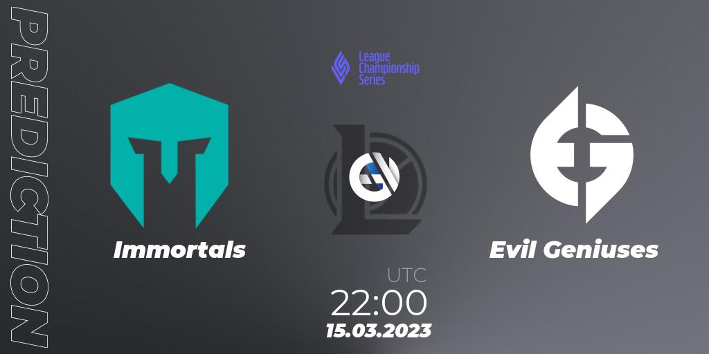 Immortals contre Evil Geniuses : prédiction de match. 17.02.2023 at 23:00. LoL, LCS Spring 2023 - Group Stage