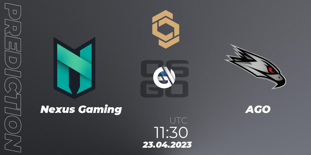 Nexus Gaming contre AGO : prédiction de match. 23.04.2023 at 11:30. Counter-Strike (CS2), CCT South Europe Series #4