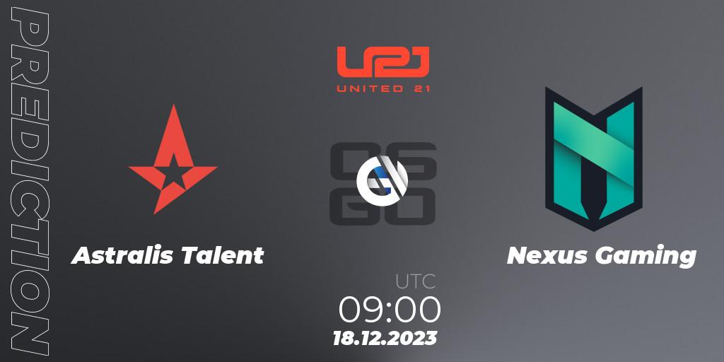 Astralis Talent contre Nexus Gaming : prédiction de match. 18.12.2023 at 10:00. Counter-Strike (CS2), United21 Season 9