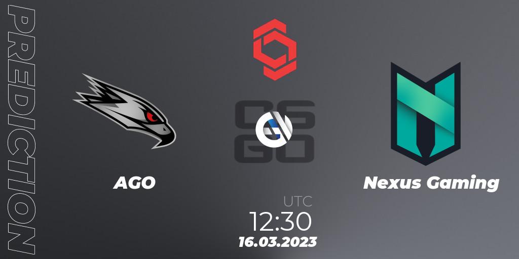 AGO contre Nexus Gaming : prédiction de match. 16.03.2023 at 13:35. Counter-Strike (CS2), CCT Central Europe Series 5 Closed Qualifier