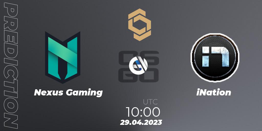 Nexus Gaming contre iNation : prédiction de match. 29.04.2023 at 10:00. Counter-Strike (CS2), CCT South Europe Series #4