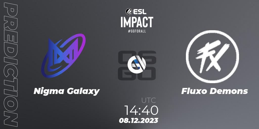 Nigma Galaxy contre Fluxo Demons : prédiction de match. 08.12.2023 at 16:10. Counter-Strike (CS2), ESL Impact League Season 4