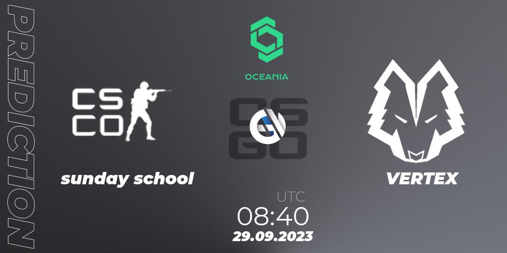 sunday school contre VERTEX : prédiction de match. 29.09.2023 at 08:40. Counter-Strike (CS2), CCT Oceania Series #2