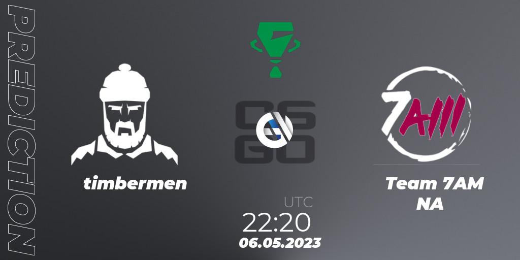 timbermen contre Team 7AM NA : prédiction de match. 06.05.2023 at 22:20. Counter-Strike (CS2), ESEA Cash Cup Circuit Season 1 Cup 6 North America