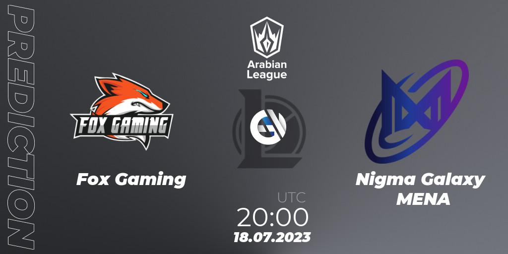 Fox Gaming contre Nigma Galaxy MENA : prédiction de match. 18.07.2023 at 20:00. LoL, Arabian League Summer 2023 - Group Stage