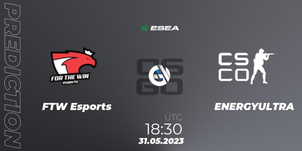 FTW Esports contre ENERGYULTRA : prédiction de match. 31.05.2023 at 18:30. Counter-Strike (CS2), ESEA Advanced Season 45 Europe
