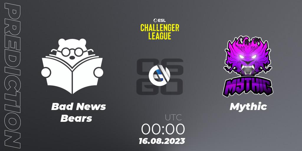 Bad News Bears contre Mythic : prédiction de match. 16.08.2023 at 00:10. Counter-Strike (CS2), ESL Challenger League Season 46: North America
