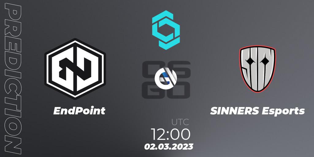 EndPoint contre SINNERS Esports : prédiction de match. 02.03.2023 at 12:25. Counter-Strike (CS2), CCT North Europe Series #4