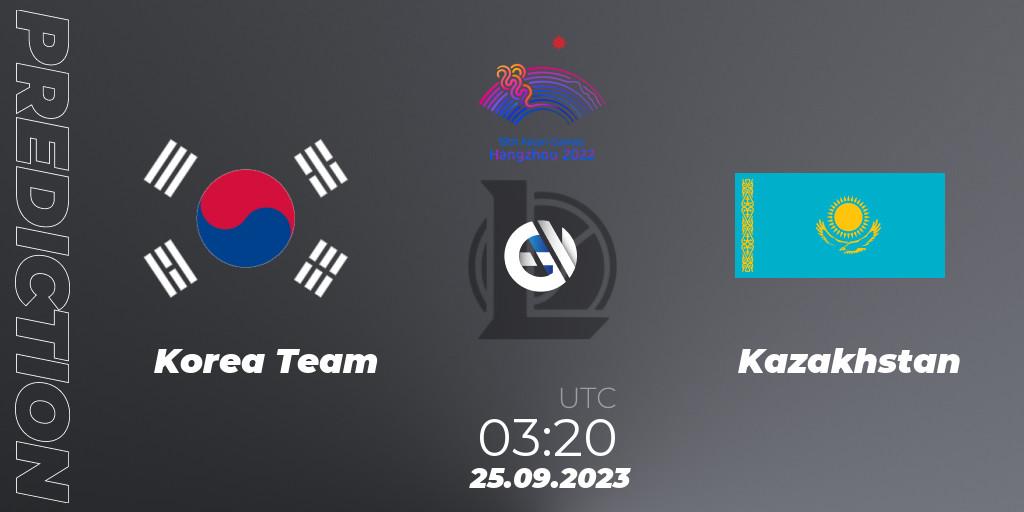 Korea Team contre Kazakhstan : prédiction de match. 25.09.2023 at 03:20. LoL, 2022 Asian Games