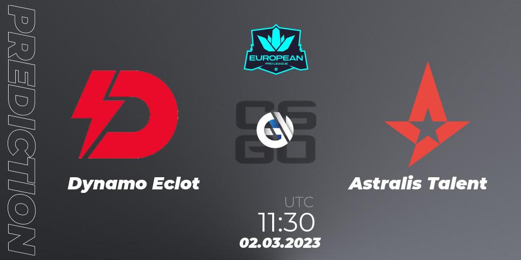 Dynamo Eclot contre Astralis Talent : prédiction de match. 02.03.2023 at 11:30. Counter-Strike (CS2), European Pro League Season 6