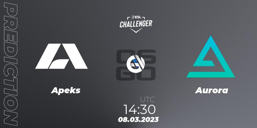 Apeks contre Aurora : prédiction de match. 08.03.2023 at 14:30. Counter-Strike (CS2), ESL Challenger Melbourne 2023 Europe Closed Qualifier