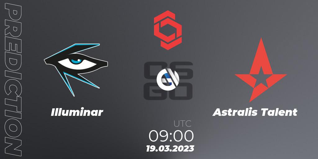 Illuminar contre Astralis Talent : prédiction de match. 19.03.2023 at 09:00. Counter-Strike (CS2), CCT Central Europe Series #5