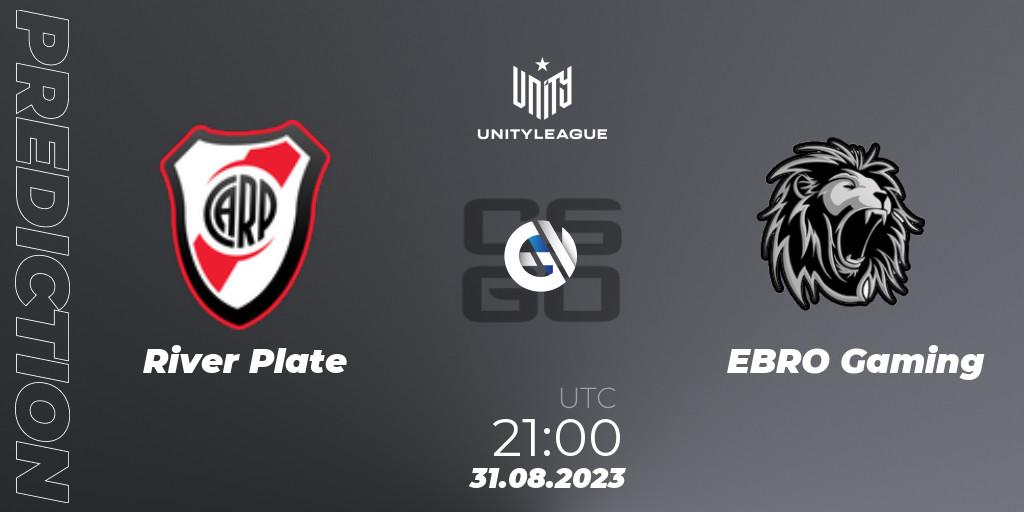River Plate contre EBRO Gaming : prédiction de match. 31.08.2023 at 21:00. Counter-Strike (CS2), LVP Unity League Argentina 2023