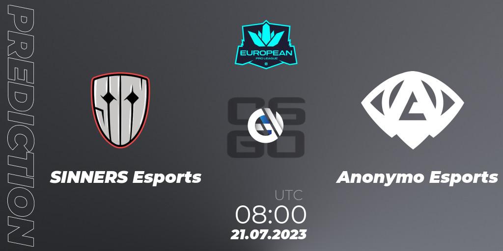 SINNERS Esports contre Anonymo Esports : prédiction de match. 21.07.2023 at 08:00. Counter-Strike (CS2), European Pro League Season 9
