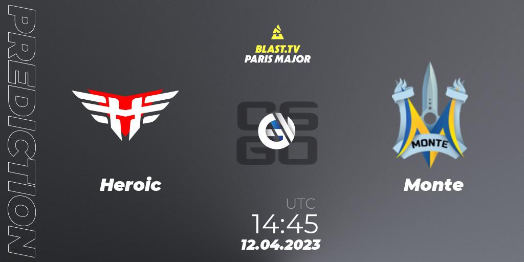 Heroic contre Monte : prédiction de match. 12.04.2023 at 13:00. Counter-Strike (CS2), BLAST.tv Paris Major 2023 Europe RMR B