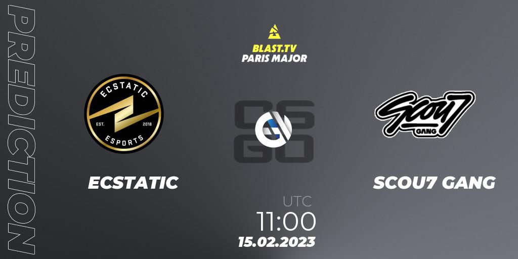 ECSTATIC contre SCOU7 GANG : prédiction de match. 15.02.2023 at 11:00. Counter-Strike (CS2), BLAST.tv Paris Major 2023 Europe RMR Open Qualifier 2
