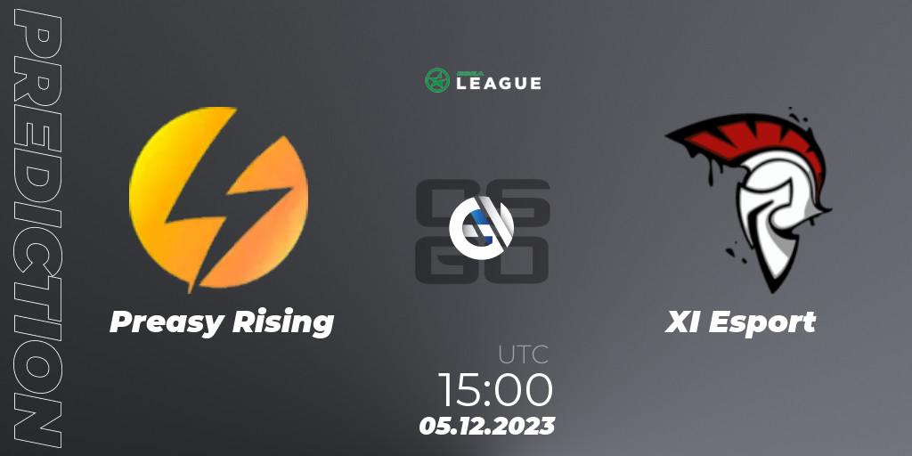 Preasy Rising contre XI Esport : prédiction de match. 05.12.2023 at 15:00. Counter-Strike (CS2), ESEA Season 47: Main Division - Europe