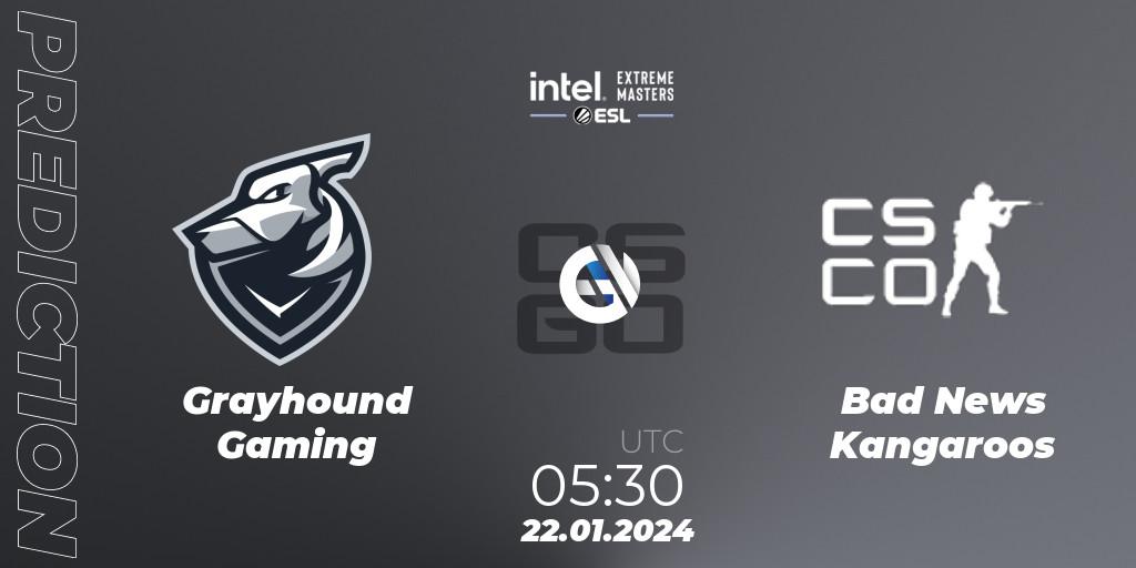 Grayhound Gaming contre Bad News KangaroosN : prédiction de match. 22.01.2024 at 05:30. Counter-Strike (CS2), Intel Extreme Masters China 2024: Oceanic Closed Qualifier