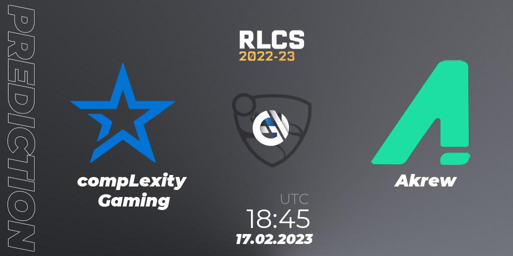 compLexity Gaming contre Akrew : prédiction de match. 17.02.2023 at 18:45. Rocket League, RLCS 2022-23 - Winter: North America Regional 2 - Winter Cup