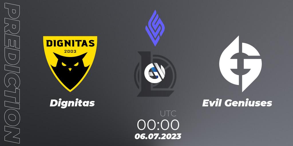 Dignitas contre Evil Geniuses : prédiction de match. 06.07.2023 at 00:00. LoL, LCS Summer 2023 - Group Stage