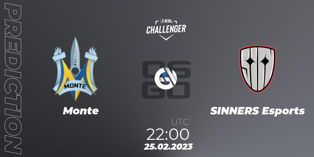 Monte contre SINNERS Esports : prédiction de match. 25.02.2023 at 22:00. Counter-Strike (CS2), ESL Challenger Melbourne 2023 Europe Open Qualifier
