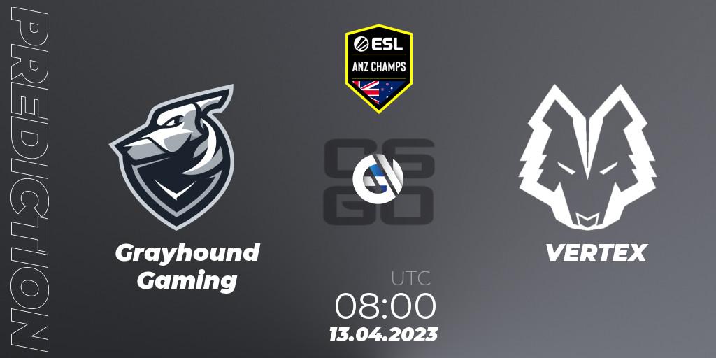 Grayhound Gaming contre VERTEX : prédiction de match. 13.04.2023 at 08:00. Counter-Strike (CS2), ESL ANZ Champs Season 16