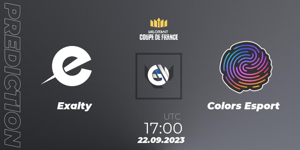 Exalty contre Colors Esport : prédiction de match. 22.09.2023 at 17:00. VALORANT, VCL France: Revolution - Coupe De France 2023