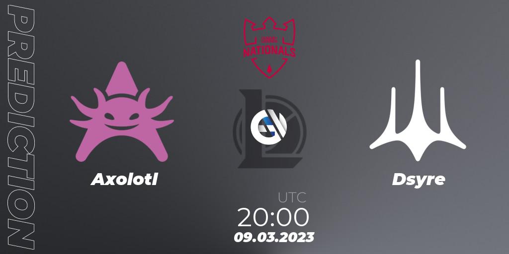 Axolotl contre Dsyre : prédiction de match. 09.03.2023 at 20:00. LoL, PG Nationals Spring 2023 - Group Stage