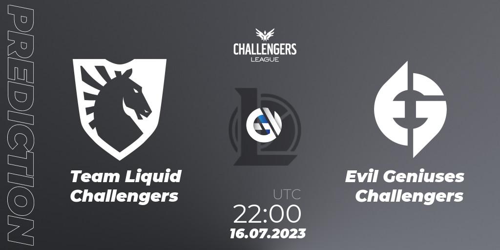 Team Liquid Challengers contre Evil Geniuses Challengers : prédiction de match. 27.06.2023 at 00:00. LoL, North American Challengers League 2023 Summer - Group Stage