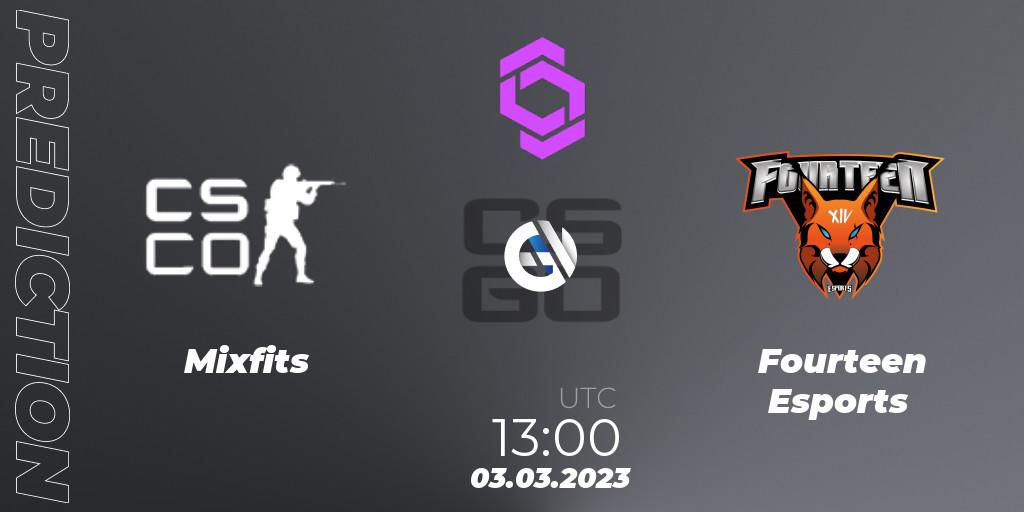 Mixfits contre Fourteen Esports : prédiction de match. 03.03.2023 at 13:00. Counter-Strike (CS2), CCT West Europe Series 2 Closed Qualifier