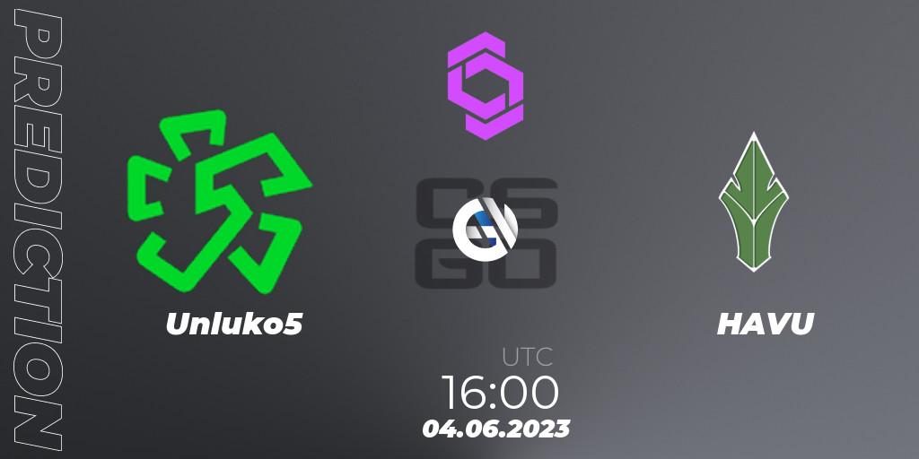 Unluko5 contre HAVU : prédiction de match. 04.06.2023 at 16:00. Counter-Strike (CS2), CCT West Europe Series 4