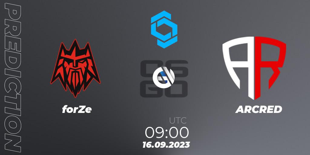forZe contre ARCRED : prédiction de match. 16.09.2023 at 09:00. Counter-Strike (CS2), CCT East Europe Series #2