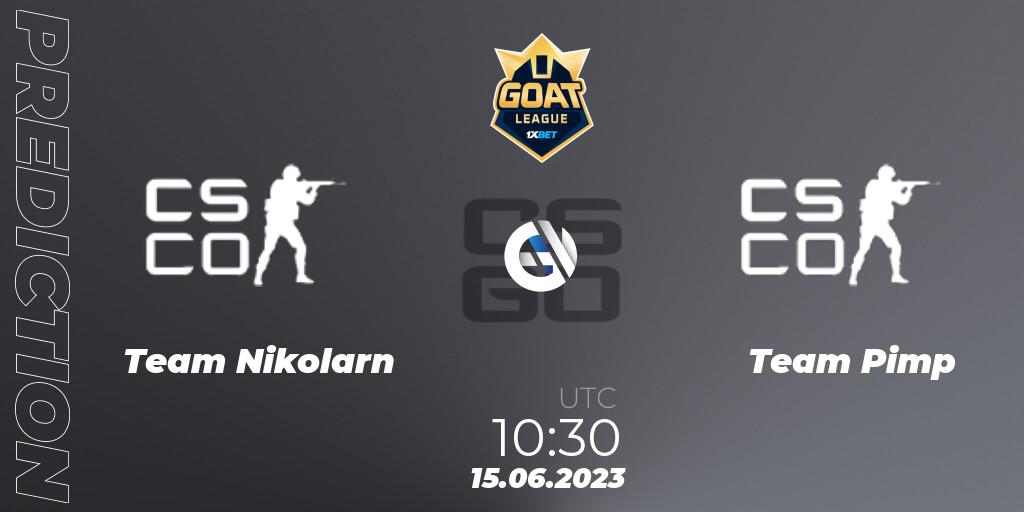 Team Nikolarn contre Team Pimp : prédiction de match. 15.06.2023 at 10:30. Counter-Strike (CS2), 1xBet GOAT League 2023 Summer VACation