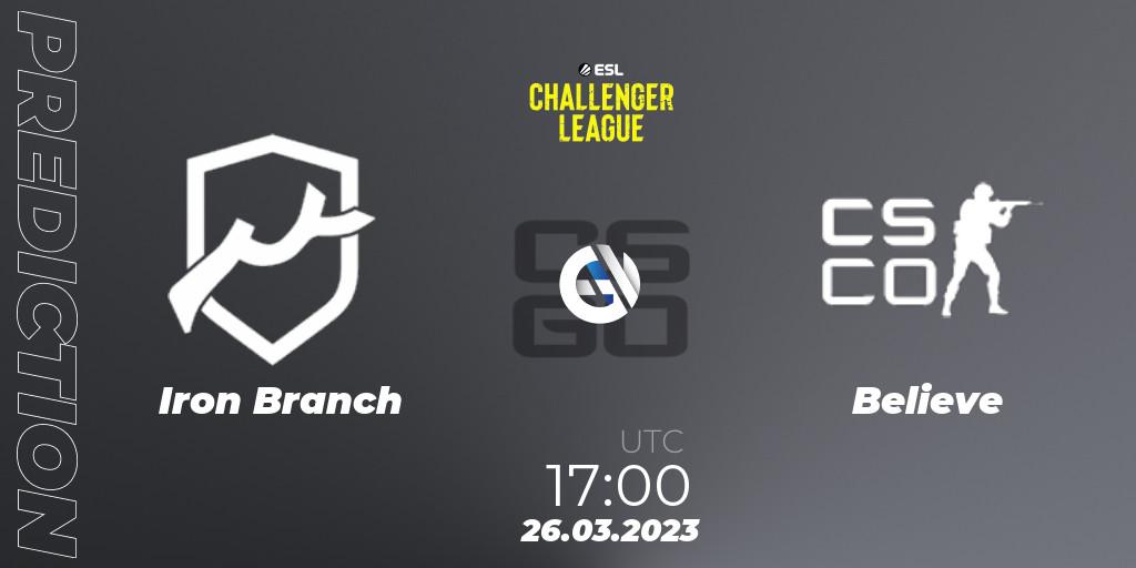 Iron Branch contre Believe : prédiction de match. 26.03.2023 at 17:00. Counter-Strike (CS2), ESL Challenger League Season 44 Relegation: Europe