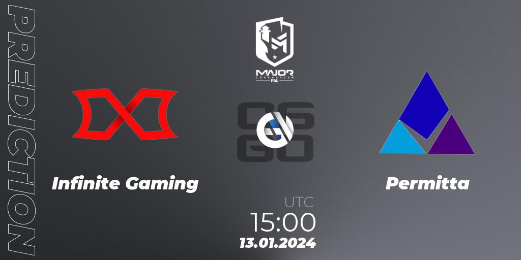 Infinite Gaming contre Permitta : prédiction de match. 13.01.2024 at 16:00. Counter-Strike (CS2), PGL CS2 Major Copenhagen 2024 Europe RMR Open Qualifier 3