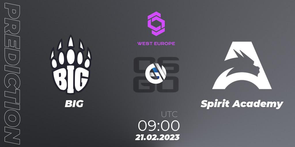 BIG contre Spirit Academy : prédiction de match. 21.02.2023 at 09:00. Counter-Strike (CS2), CCT West Europe Series #1