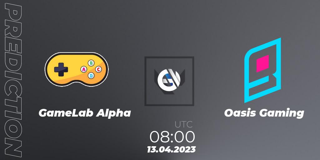 GameLab Alpha contre Oasis Gaming : prédiction de match. 13.04.23. VALORANT, VALORANT Challengers 2023: Philippines Split 2 - Group stage