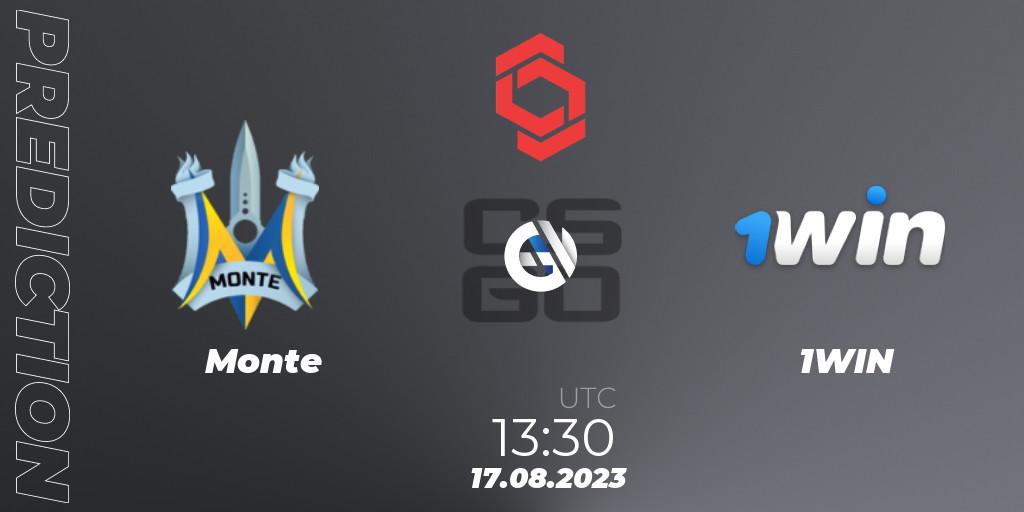 Monte contre 1WIN : prédiction de match. 17.08.2023 at 13:30. Counter-Strike (CS2), CCT Central Europe Series #7