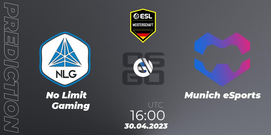 No Limit Gaming contre Munich eSports : prédiction de match. 14.05.2023 at 18:30. Counter-Strike (CS2), ESL Meisterschaft: Spring 2023 - Division 2