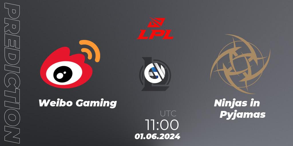 Weibo Gaming contre Ninjas in Pyjamas : prédiction de match. 01.06.2024 at 11:00. LoL, LPL 2024 Summer - Group Stage