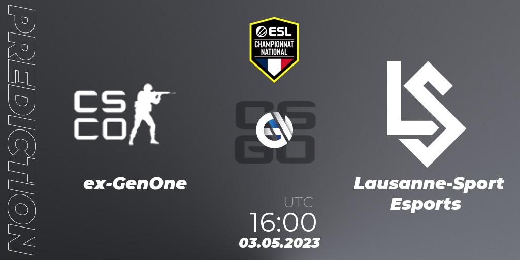 ex-GenOne contre Lausanne-Sport Esports : prédiction de match. 04.05.2023 at 16:00. Counter-Strike (CS2), ESL Championnat National Spring 2023