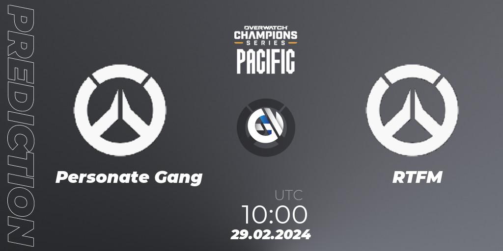 Personate Gang contre RTFM : prédiction de match. 29.02.2024 at 10:00. Overwatch, Overwatch Champions Series 2024 - Stage 1 Pacific