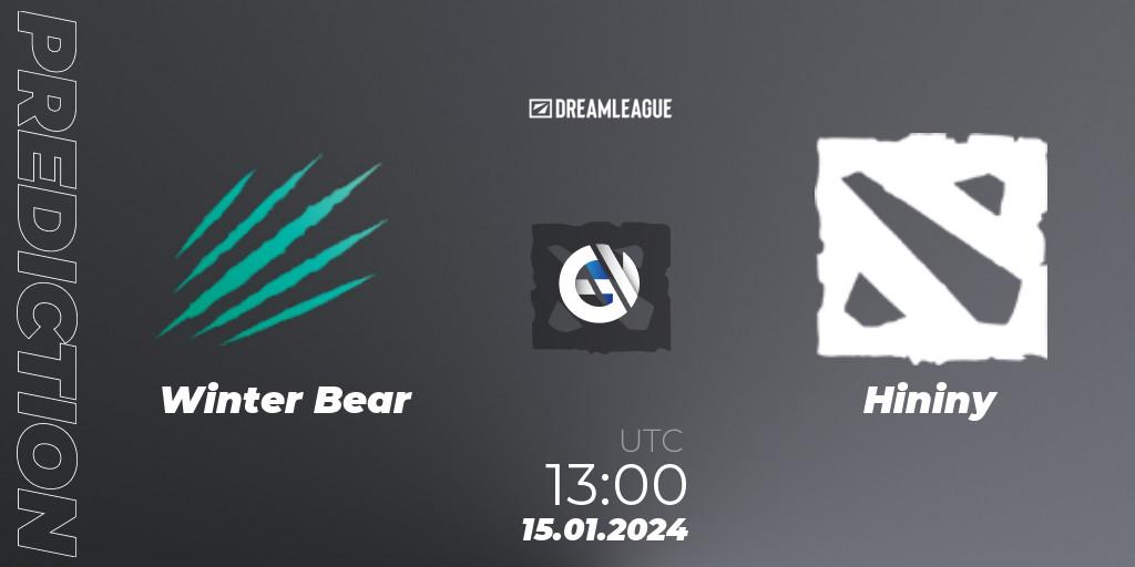 Winter Bear contre Hininy : prédiction de match. 15.01.2024 at 13:26. Dota 2, DreamLeague Season 22: MENA Closed Qualifier