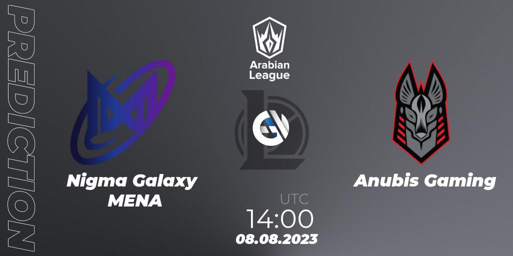 Nigma Galaxy MENA contre Anubis Gaming : prédiction de match. 08.08.2023 at 15:50. LoL, Arabian League Summer 2023 - Playoffs